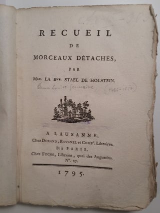 Item #103 Recueil de morceaux détachés. Louise Germaine Necker Stael-Holstein, Baronne de