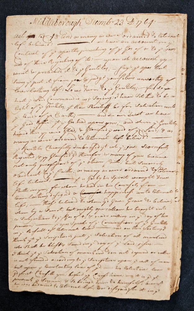 Item #1086 Manuscript Sermon on the Doctrine of Election and Predestination, Given at Middleborough (Massachusetts) December 23, 1764. Solomon Reed.