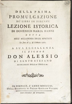 Item #1132 Della Prima Promulgazione de’Libri in Firenze, Lezione Istorica. Domenico Maria Manni