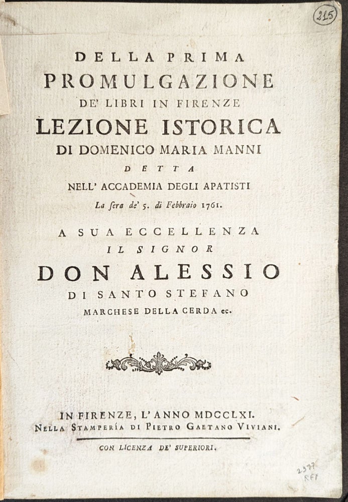 Item #1132 Della Prima Promulgazione de’Libri in Firenze, Lezione Istorica. Domenico Maria Manni.