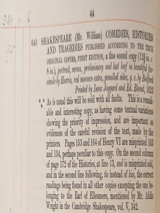 Catalogue of the Important Library. . .Including an Extensive Collection of Works of Shakespeare Interest, Comprising the First, Third and Fourth Folio. . .An extraordinary collection of Shakespeareana, including Mr. Halliwell-Phillipps own Collection on the Life of Shakespeare.