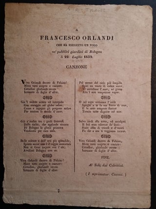Item #124 A Francesco Orlandi, che ha esequito un volo ne' pubblici giardini di Bologna il 22....