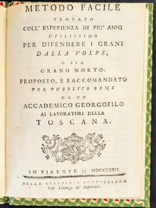 Item #1338 Metodo facile Trovato coll’esperienza di piú anni utilissimo per difendere I grani...