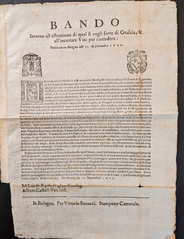 Item #1403 Bando Intorno all&rsquo;estrattione di qual si vogli sorte di Grascia, all&rsquo;incettare Vini per rivendere. Publicato in Bologna all 11 di Settembre 1602.