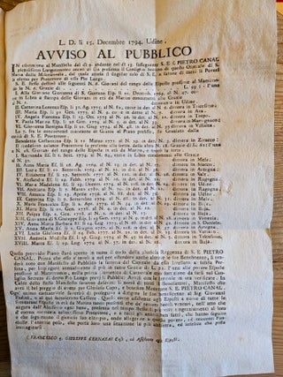 Raccolta delle Regole dell’Ospitale di S. Maria della Misericordia di Udine. Dedicata a sua Eccellenza il N. H. Pietro Canal luogotenente Generale della Patria del Friuli e Protettore dello Stesso Pio Luogo. Seconda edizione. Bound with: Piano che Tende al necessario Provvedimento de’Fanciulli esposti adulti dell’Ospitale di S. Maria della Misericordia di Udine, e che nel tempo stesso invita I Fedeli al loro soccorso. . . Dedicato a sua Eccellenza Reverendissima Monsignor Pietro Antonio Zorzi, Arcivescovo di Udine