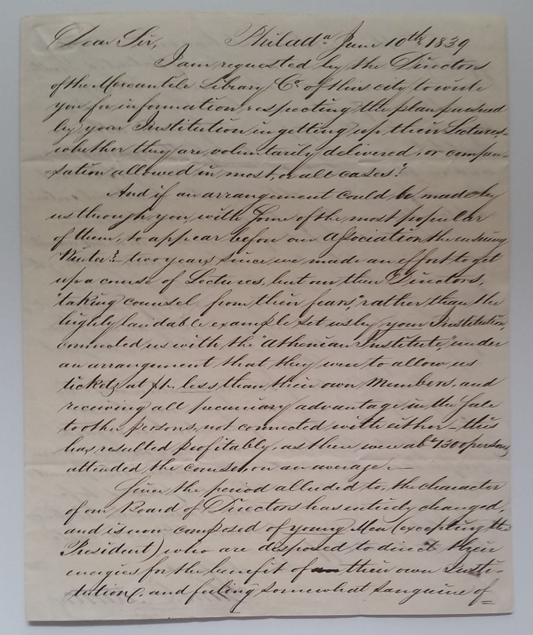 Item #297 Letter to John S. Winthrop of New York Mercantile Library. Samuel C. Morton.