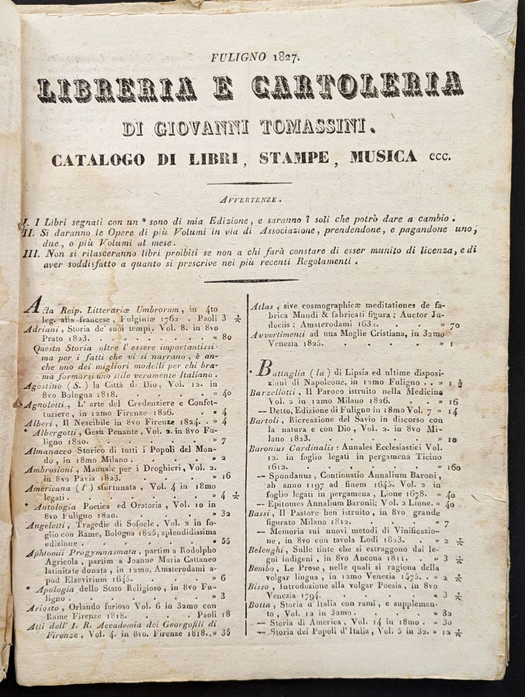Item #58 Catalogo generale della libreria e cartoleria di Giovanni Tomassini, Tipografo - Librajo di Fulingo. Giovanni Tomassini.
