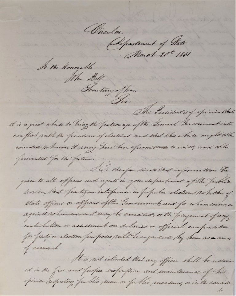 Item #643 Circular. Department of State. March 21, 1841. "To the Honorable John Bell, Secretary of War." Daniel Webster, Secretary of State.