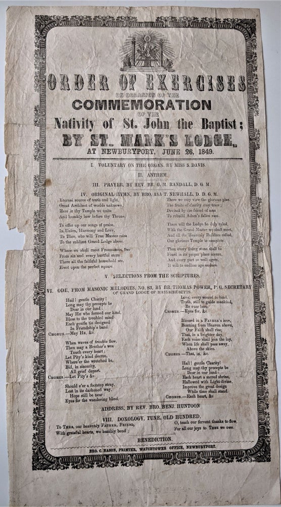 Item #649 Order of Exercises on Occasion of the Commemoration of the Nativity of St. John the Baptist; By St. Mark’s Lodge, at Newburyport, June 26, 1849. Masonic Ceremony.