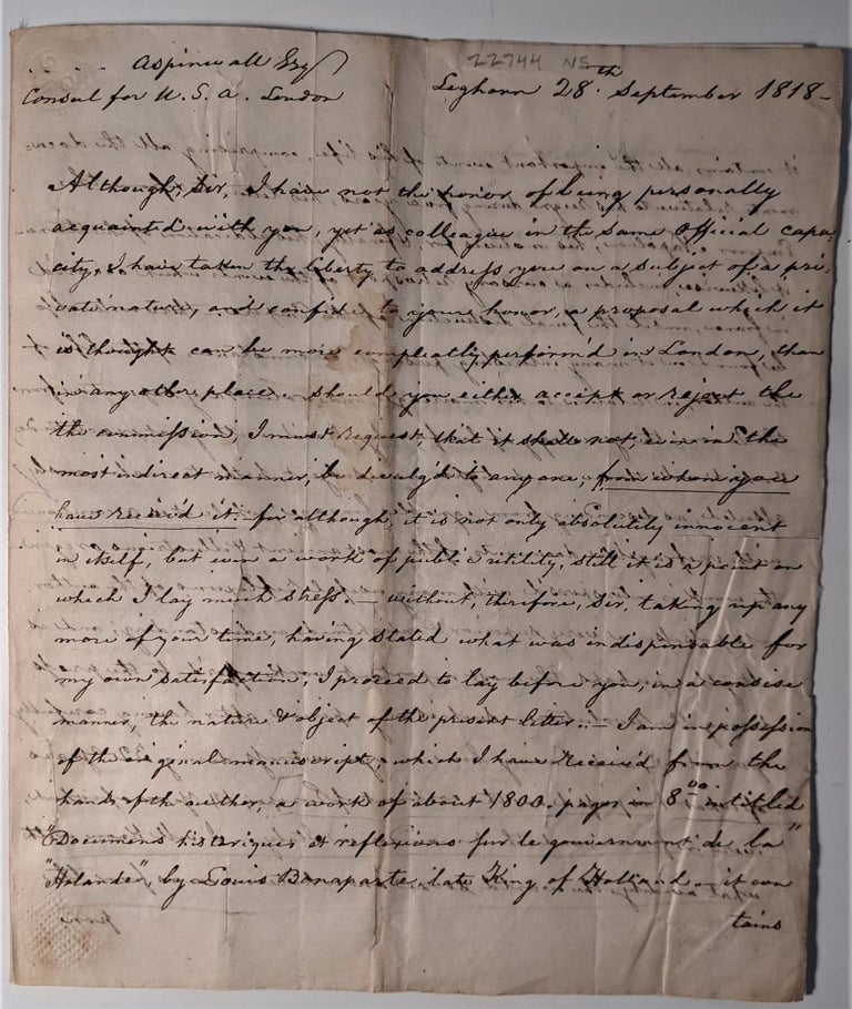 Item #664 Autograph Letter Signed to Thomas Aspinwall, Concerning Louis Bonaparte's Book. Louis Bonaparte, Thomas Appleton.