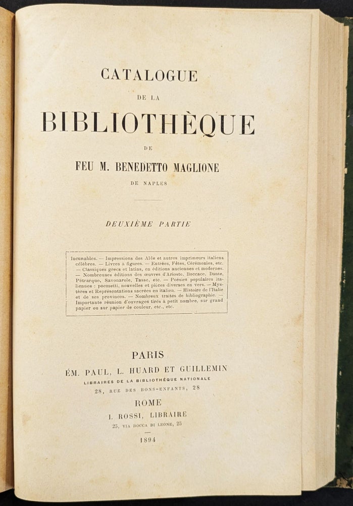 Item #66 Catalogue de la Bibliotheque de Feu M. Benedetto Maglione de Naples. Benedetto Maglione.