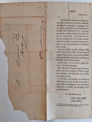 Item #701 Circular. Publishers of the Massachusetts Register. . Publisher’s Circular....
