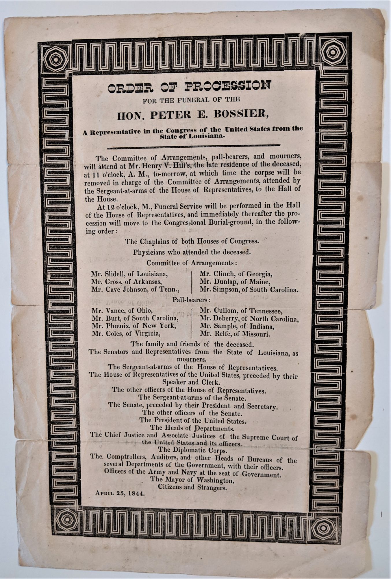 Order Of Procession For The Funeral Of The Hon. Peter E. Bossier, A ...