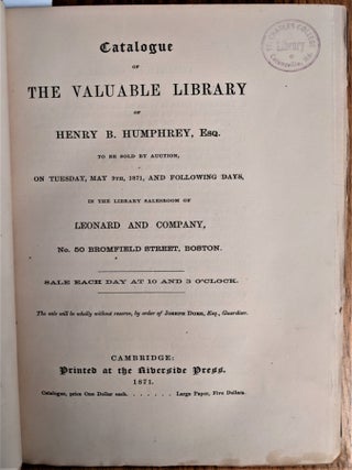 Item #724 Catalogue of the Valuable Library. . .In the Library Sales Room of Leonard and Company....