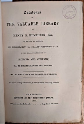 Item #724 Catalogue of the Valuable Library. . .In the Library Sales Room of Leonard and Company....