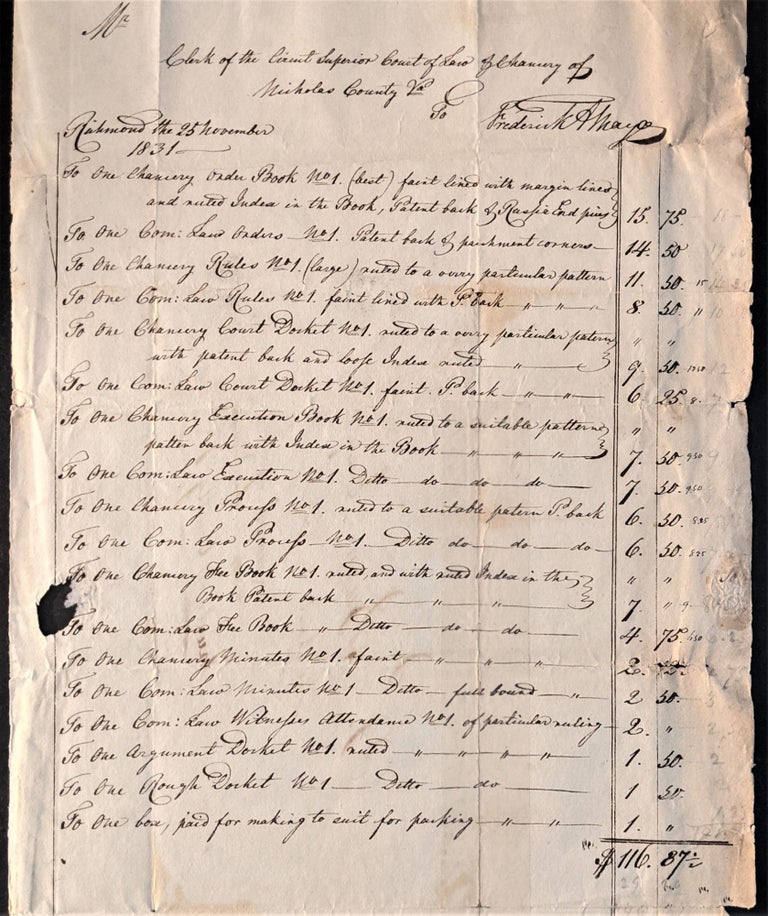 Item #869 Manuscript Invoice for Blank Books Bond for the Use of the Circuit Superior Court of the Law Chancery of Nicholas County, Virginia. Frederick August Mayo.