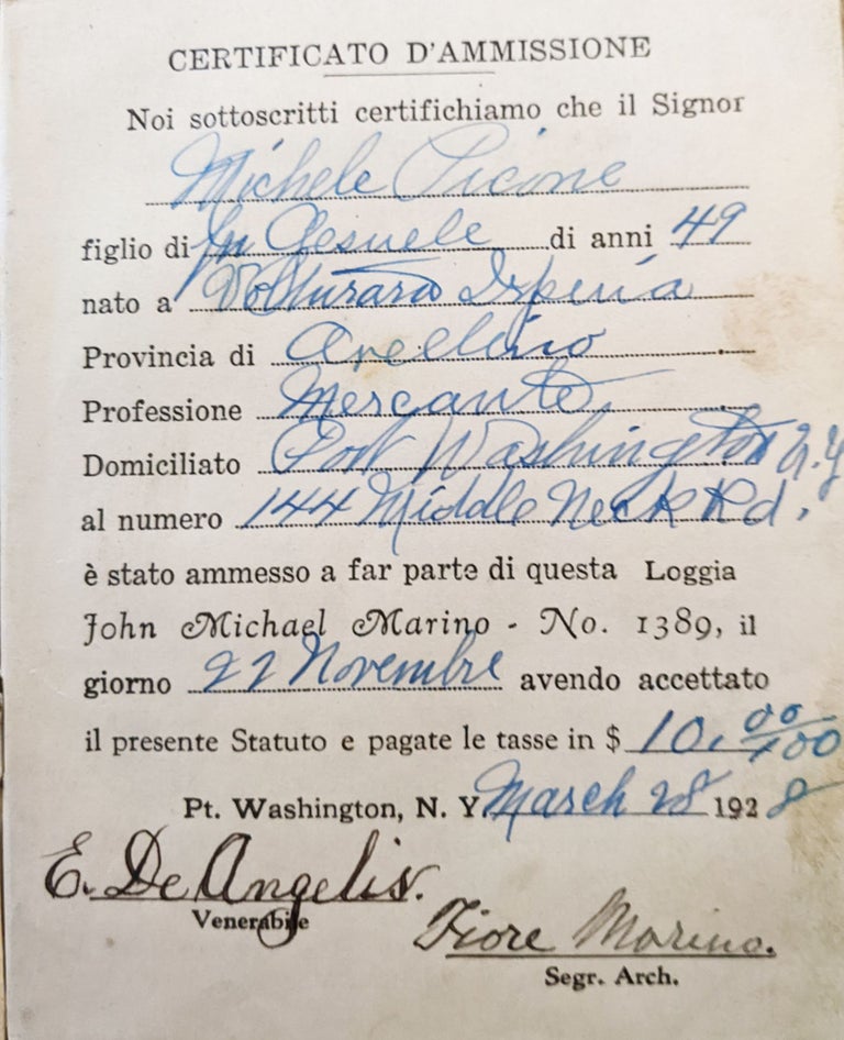 Item #947 Group of Ephemera of the Order of the Sons of Italy John Michael Marino Lodge - No. 1389 Port Washington, N.Y. Ordine Figli D'Italia in America. 1928-1938. Order of the Son of Italy in America.